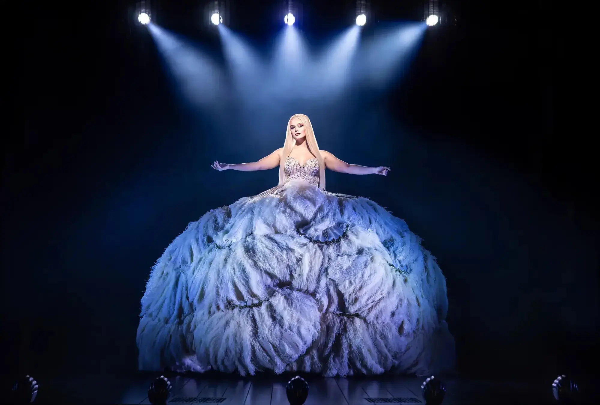 A showstopping feather-gown number in Burlesque The Musical at The Arts at Marble Arch - photography by Pamela Raith