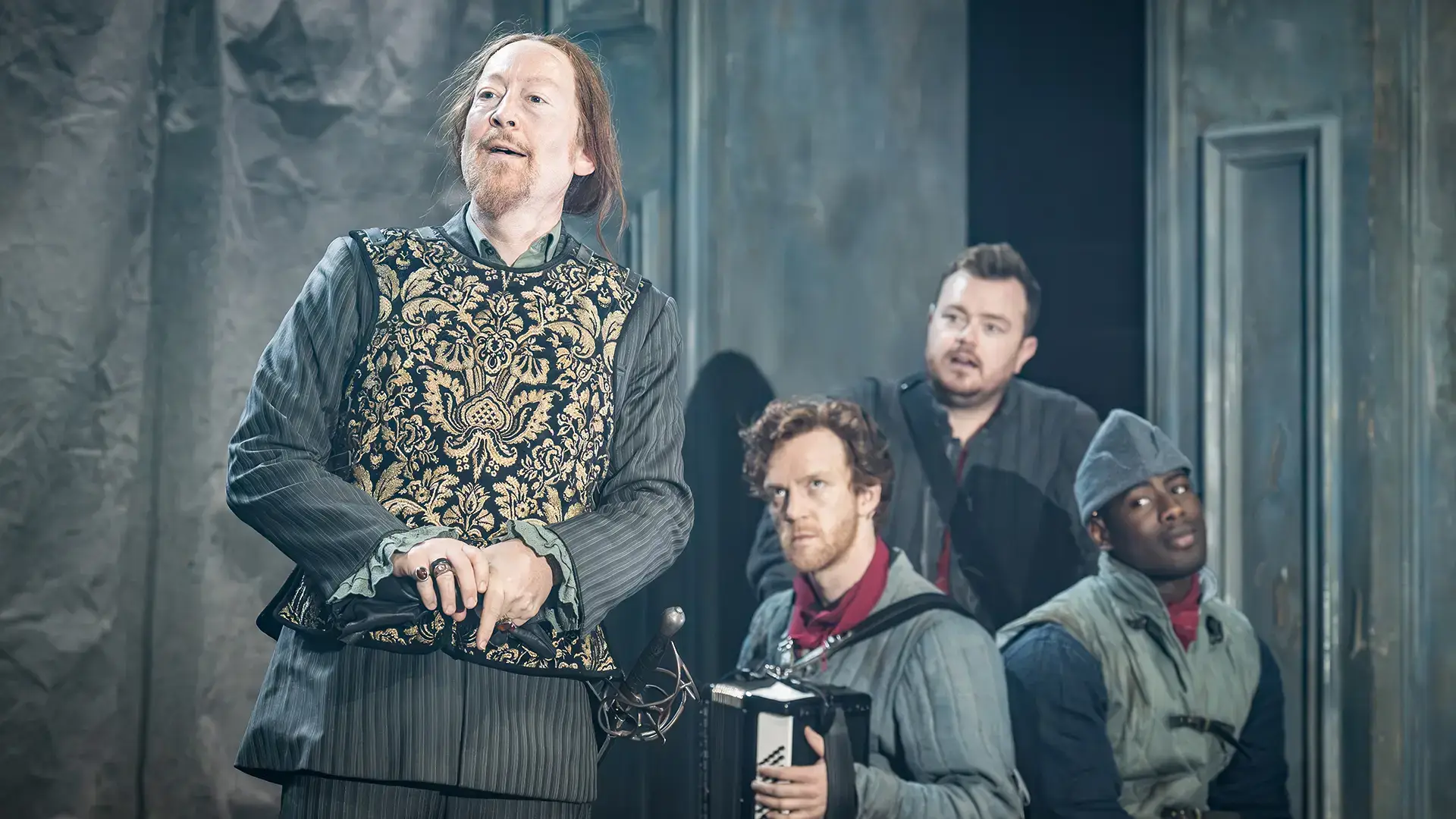 The actor-musicians of Cyrano de Bergerac at the Noël Coward Theatre - photography by Marc Brenner