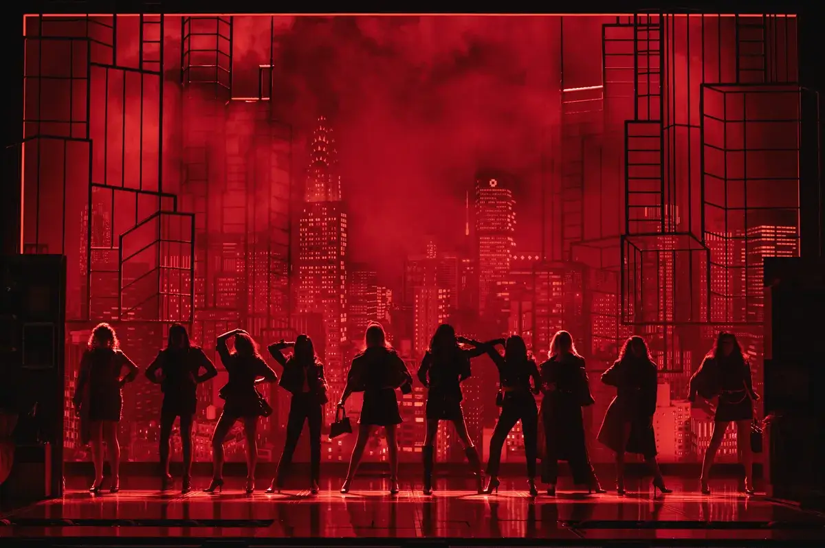The ensemble silhouetted against the red New York skyline in The Devil Wears Prada at the Dominion Theatre, London