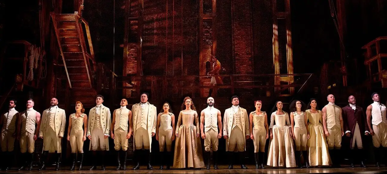 Alexander Hamilton with the company of Hamilton at the Victoria Palace Theatre, London