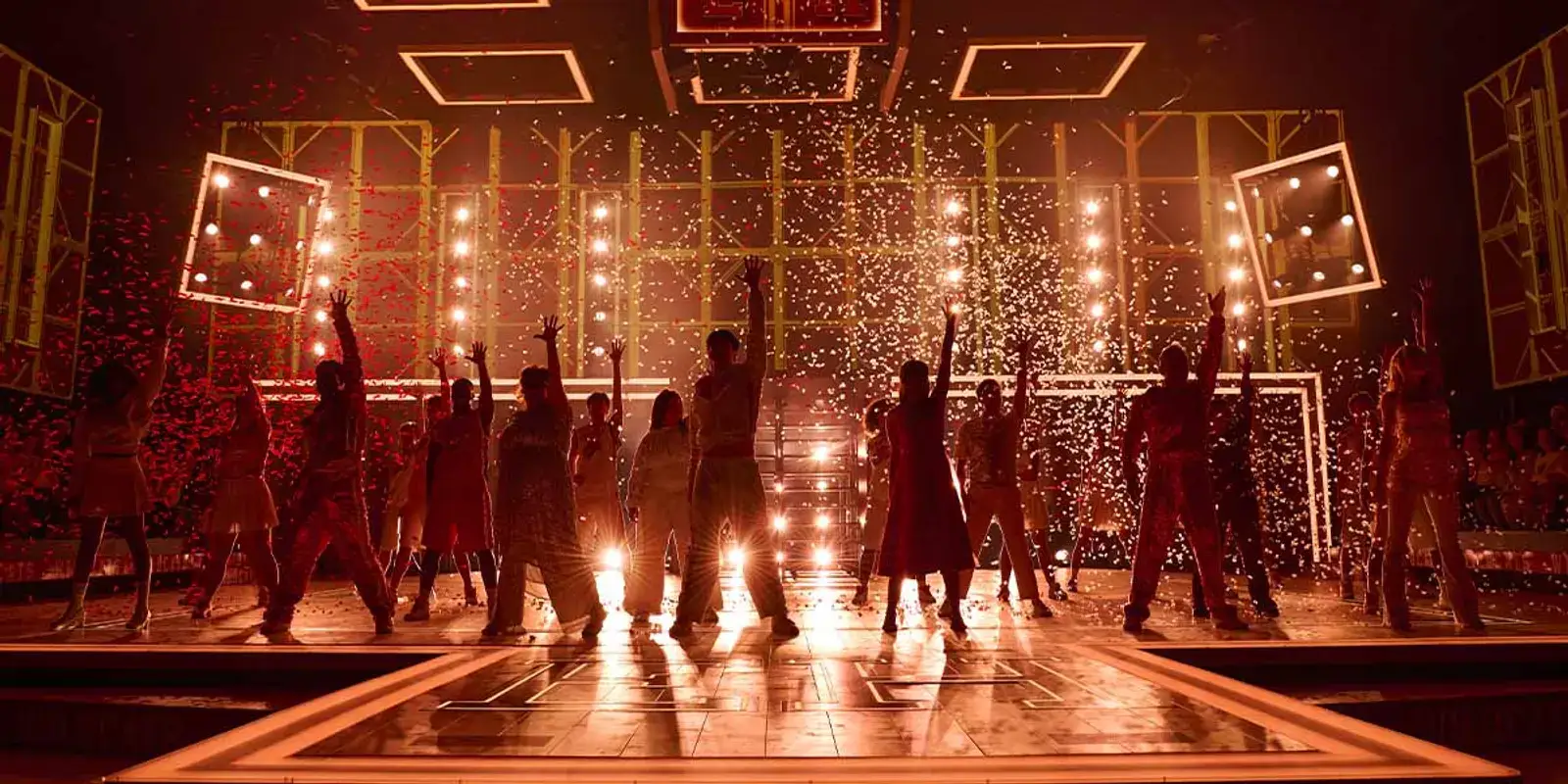 The full cast finale with confetti over the East High court