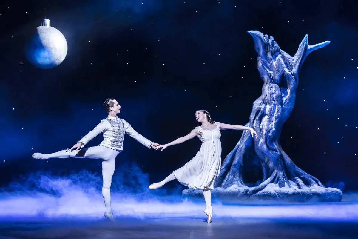 Clara and the Nutcracker Prince in the ice realm in Nutcracker by English National Ballet at the London Coliseum