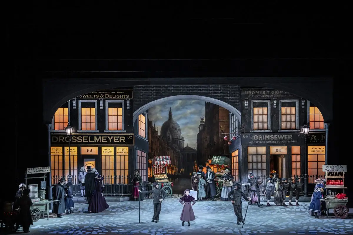 An Edwardian London street outside Drosselmeyer's Sweets & Delights Emporium in Nutcracker by English National Ballet at the London Coliseum