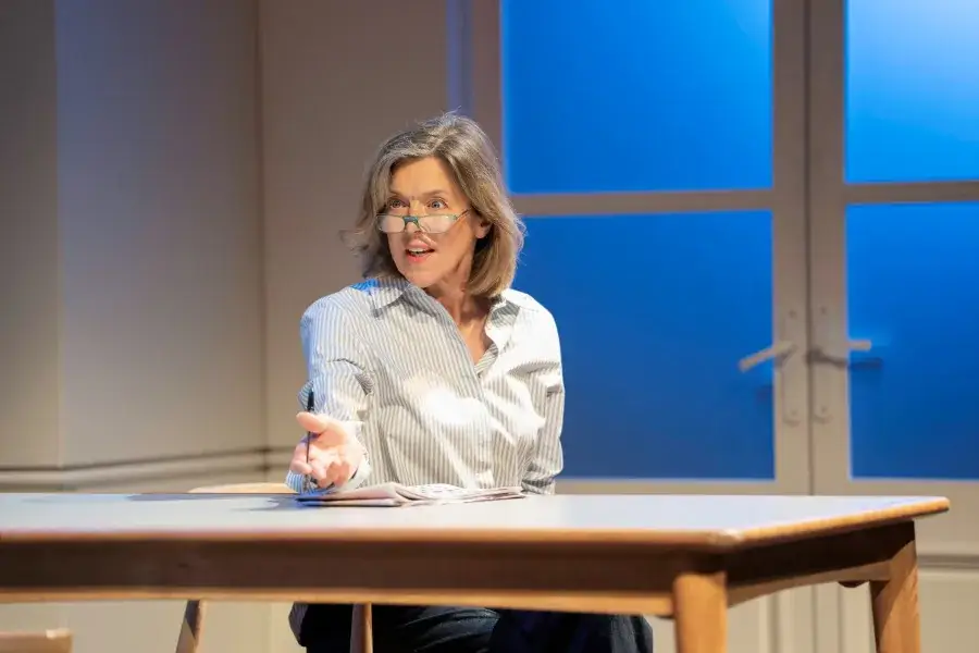 A woman seated at the table mid-conversation in The Truth at the Apollo Theatre