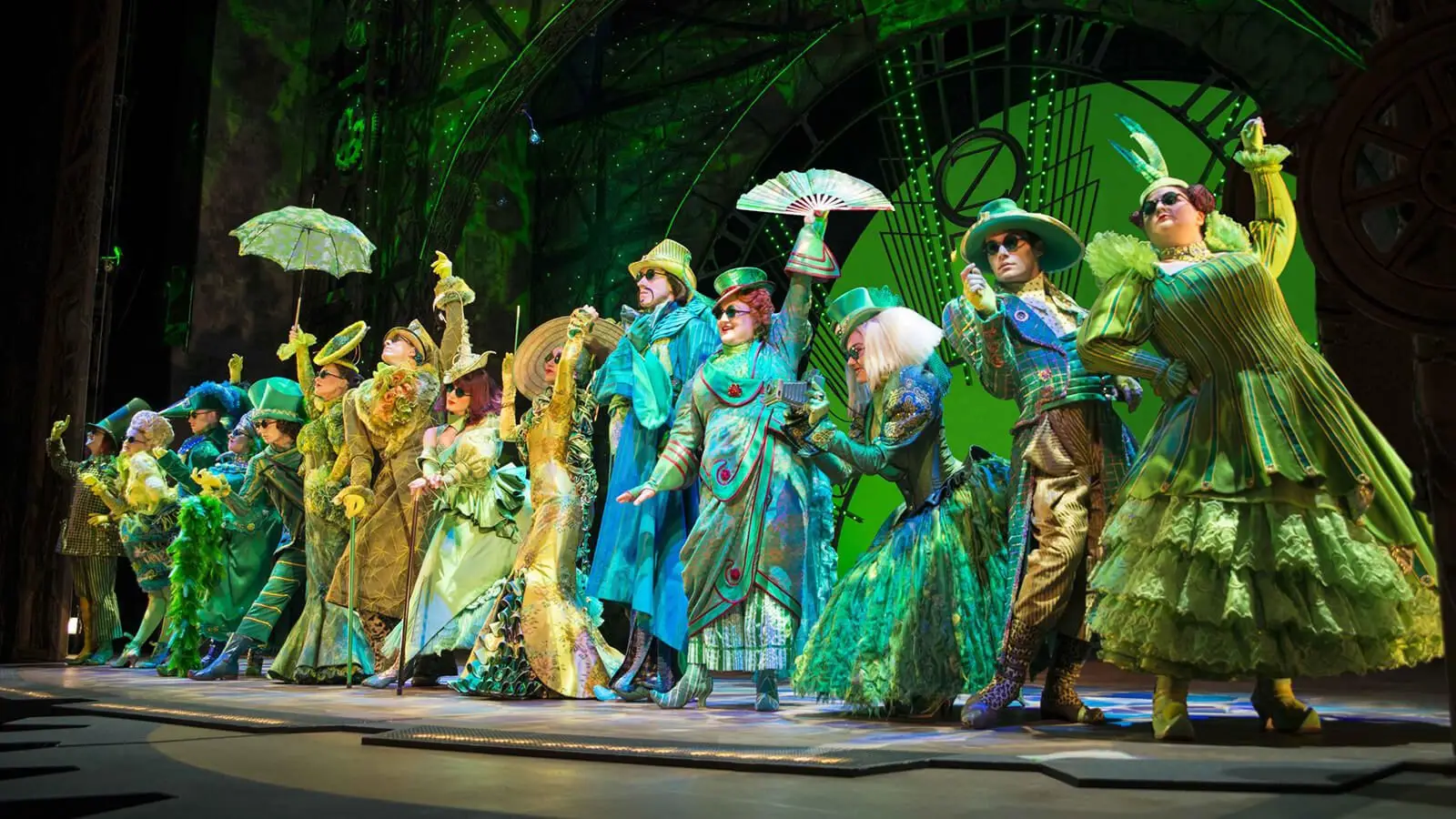 Elphaba with her cape flowing dramatically in Wicked at the Apollo Victoria Theatre, London